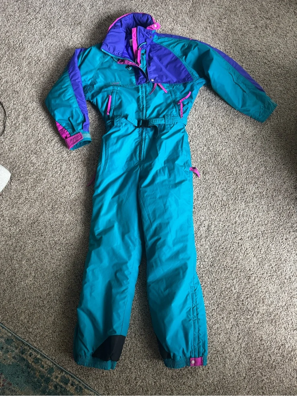 VINTAGE.  Columbia Teal Ski One-Piece Suit with Purple and Pink Accents